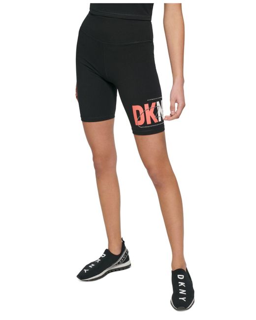 DKNY Cotton Sport Rhinestone Logo Bike Shorts in Black | Lyst