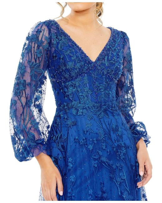 Mac Duggal Blue V Neck Mesh Puff Sleeve A Line Embellished Dress