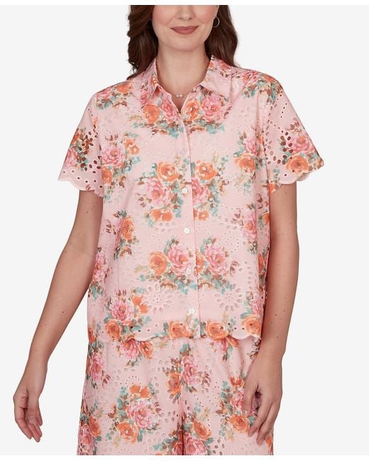 Ruby Rd. Petite Floral Scalloped Hem Camp Shirt in Pink | Lyst