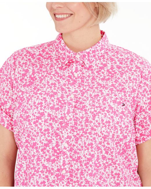 Tommy Hilfiger Pink Plus Size Floral-print Button-down Camp Shirt