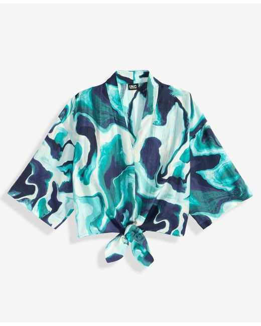 INC International Concepts Blue Printed Tie-hem Top