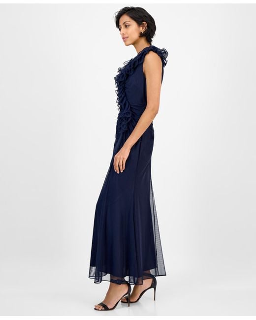 Alex Evenings Blue Petite Ruffled V-neck Sleeveless Mesh Gown