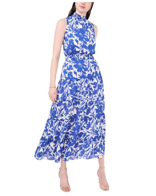 Msk Blue Floral-print Tiered Maxi Dress