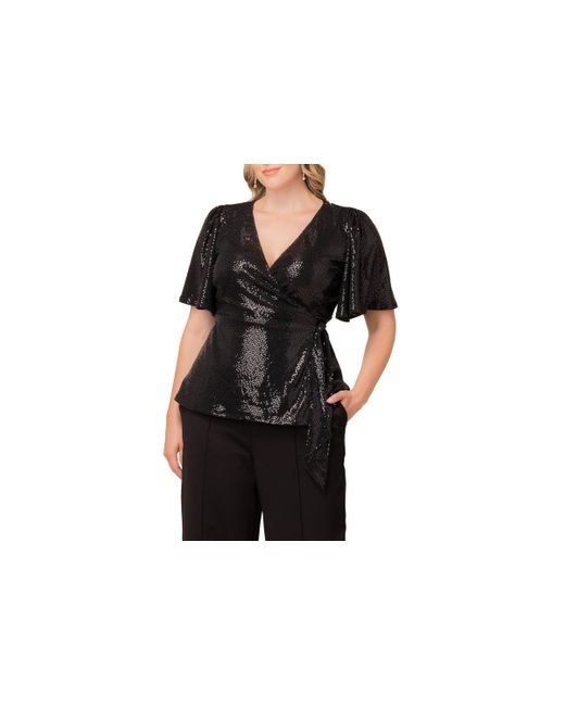 Kiyonna Women's Black Plus Size Shimmering Sequin Wrap Top