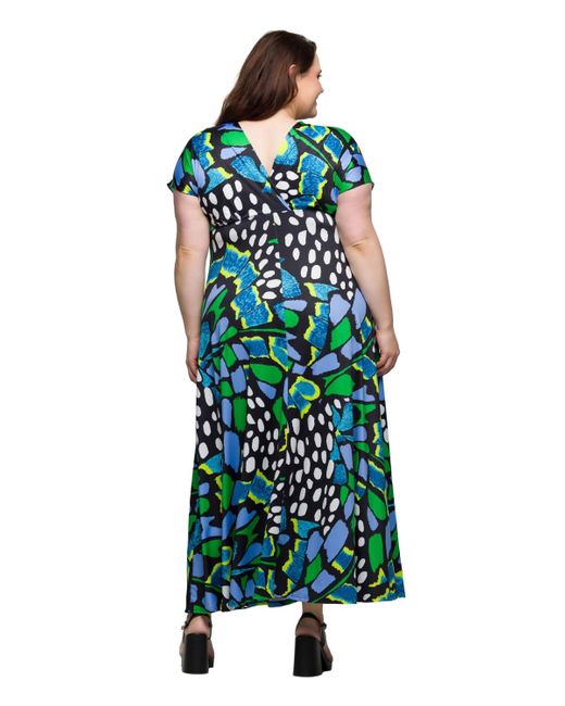 24seven Comfort Apparel Green Plus Size V-neck Empire Waist Cap Sleeve Maxi Dress