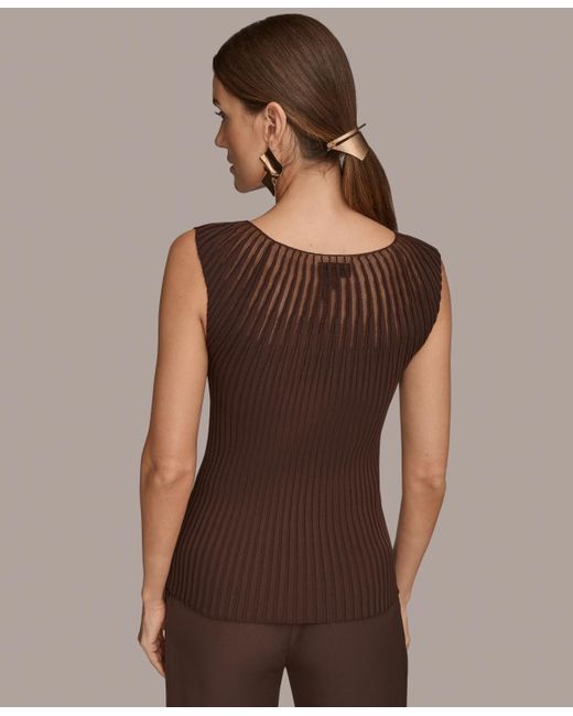 Donna Karan Brown Mesh Detail Sleeveless Knit Top