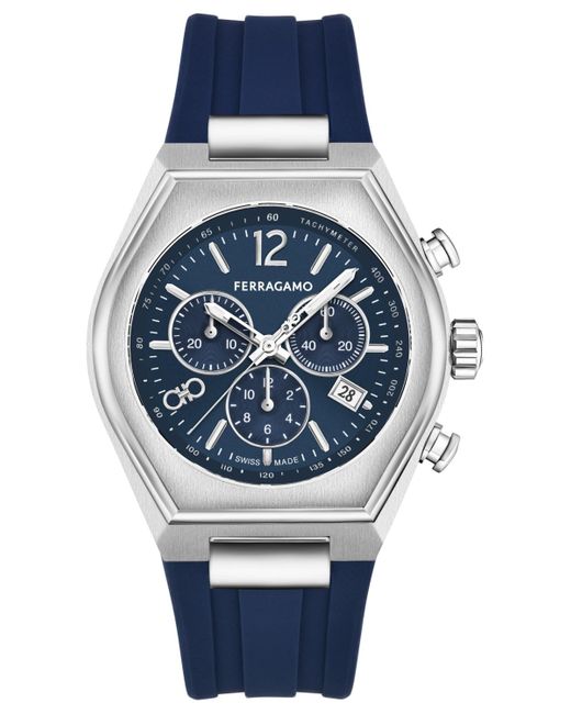 Ferragamo Salvatore Swiss Chronograph Tonneau Blue Silicone Strap Watch 42mm for men