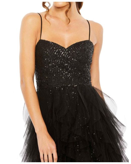 Mac Duggal Black Ieena Sequin Mini Dress With High Low Ruffle Tiered Train