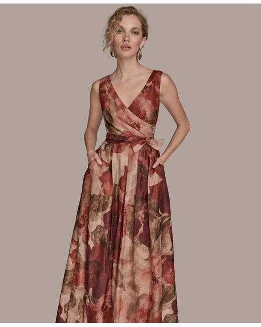 Donna Karan Brown V-neck Floral Ball Gown