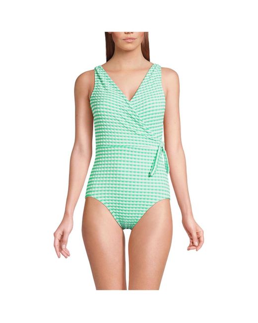 Lands' End Green Gingham Surplice One Piece Swimsuit