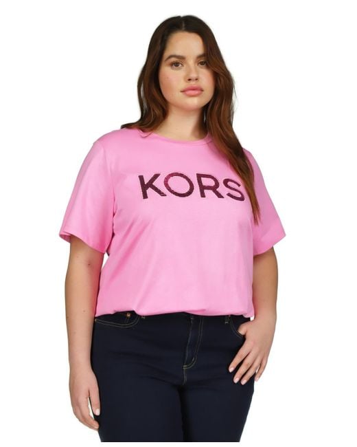 Michael Kors Pink Michael Plus Size Sequin Logo Cotton T-shirt