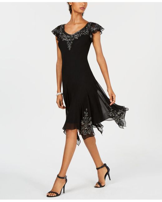 J Kara Black Embellished Handkerchief-hem Dress