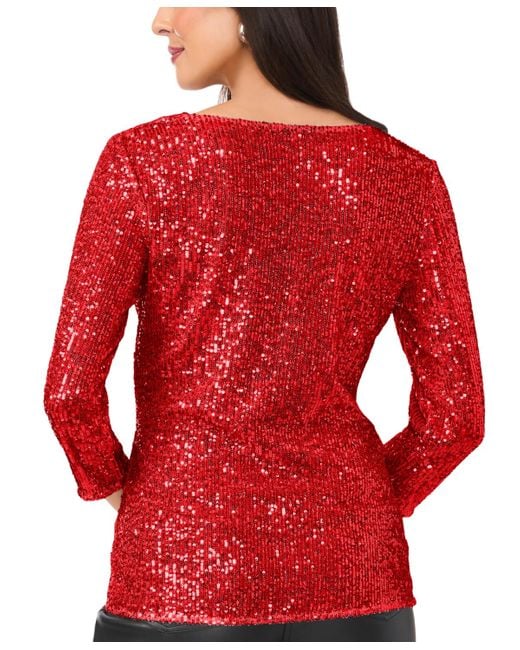 Vince Camuto Red Sequined Cowlneck 3/4-sleeve Top