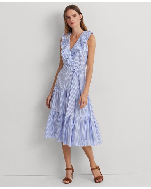 Lauren by Ralph Lauren Blue Striped Cotton Broadcloth Surplice Dress