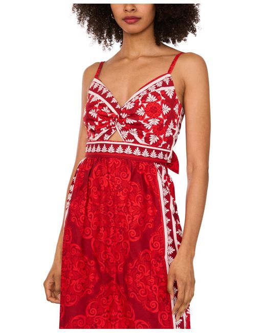 1.STATE Red Cotton Printed Twist-front Maxi Dress