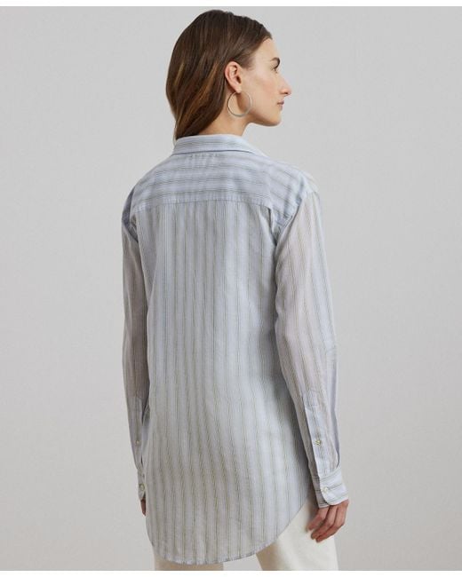 Ralph Lauren White Oversize Striped Cotton Voile Shirt