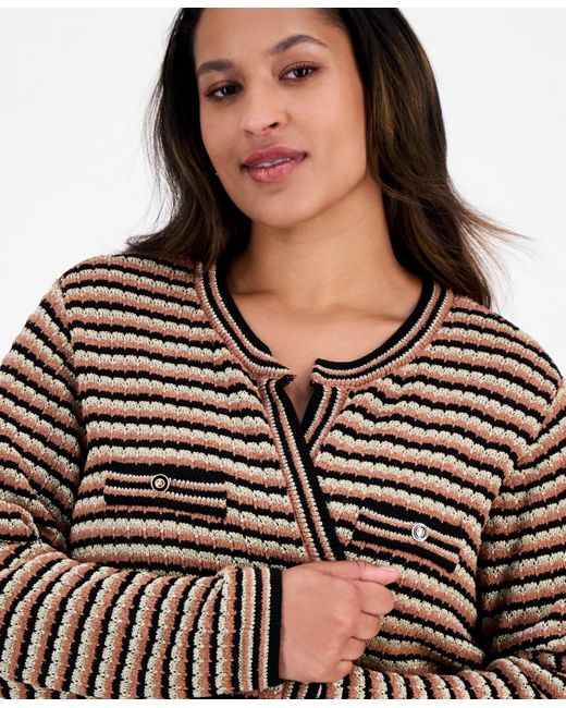 Anne Klein Brown Plus Size Long-sleeve Front-pocket Cardigan