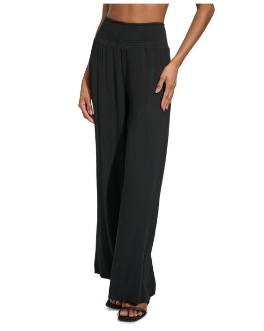 DKNY Black Smocked-waist Cover-up Pull-on Pants
