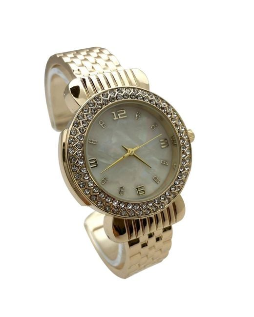 Olivia Pratt Metallic Round Face Rhinestone Bezel Bangle Watch