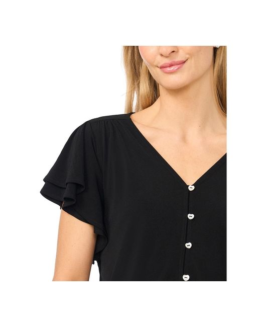 Cece Black Flutter-sleeve V-neck Blouse