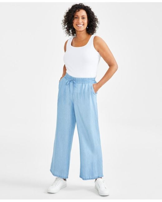 Style & Co. Blue Petite Chambray Wide-leg Pants
