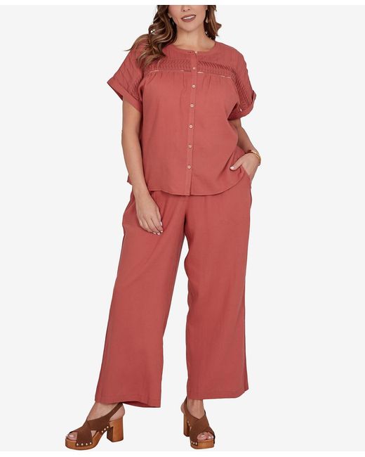 Ruby Rd Red Plus Size Lightweight Pleated Short-sleeve Top
