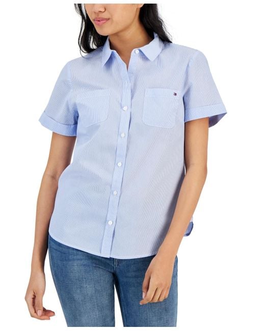 Tommy Hilfiger Blue Striped Cotton Camp Shirt