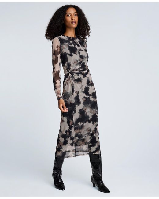 Kenneth Cole Black Printed Mesh Long-sleeve Knot Dress