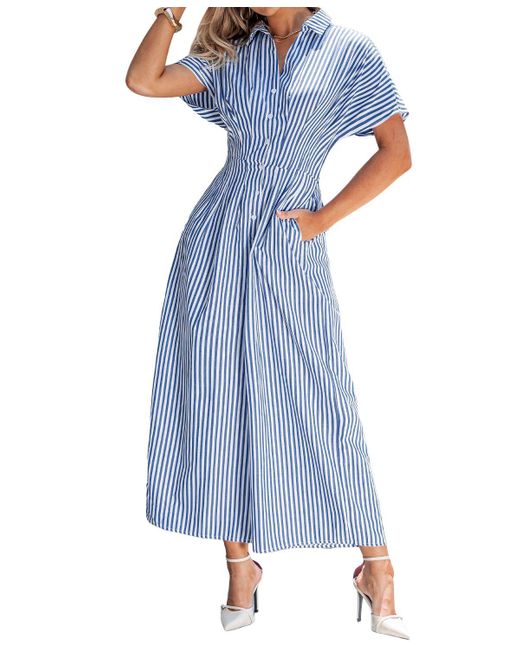 CUPSHE Blue Striped Button-up Jumpsuit
