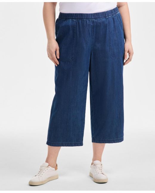 Style & Co. Blue Plus Size Chambray Pull-on Cropped Pants