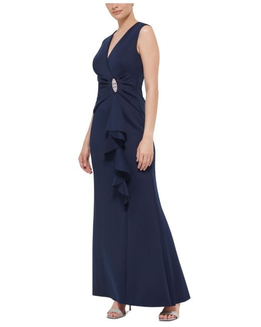 Jessica Howard Embellished Ruffled Sleeveless Column Gown in Blue