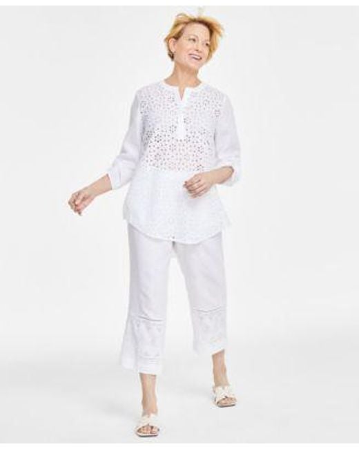 Charter Club White Linen Eyelet Top Eyelet Trim Cropped Pants Created For Macys