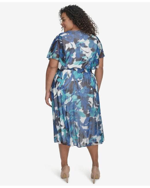 DKNY Blue Plus Size Printed Flutter-sleeve Midi Dress