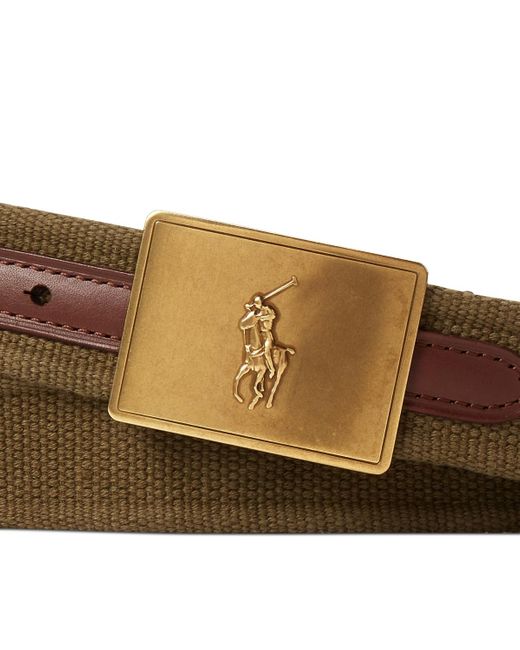 Polo Ralph Lauren Brown Pony Plaque Canvas & Leather Belt for men
