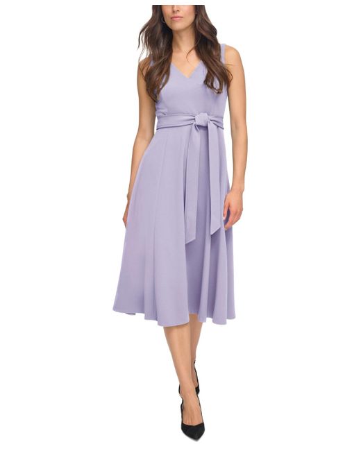Calvin Klein Purple V-neck Sleeveless Belted Dress