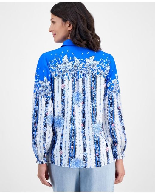 Tahari Blue Placed-floral Button-down Blouse