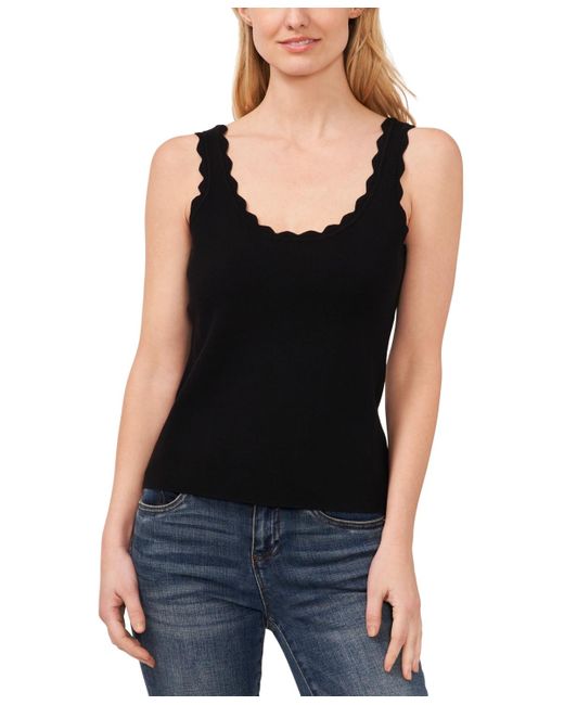Cece Black Solid Scalloped Neck Knit Sweater Tank Top
