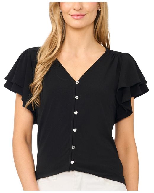 Cece Black Flutter-sleeve V-neck Blouse