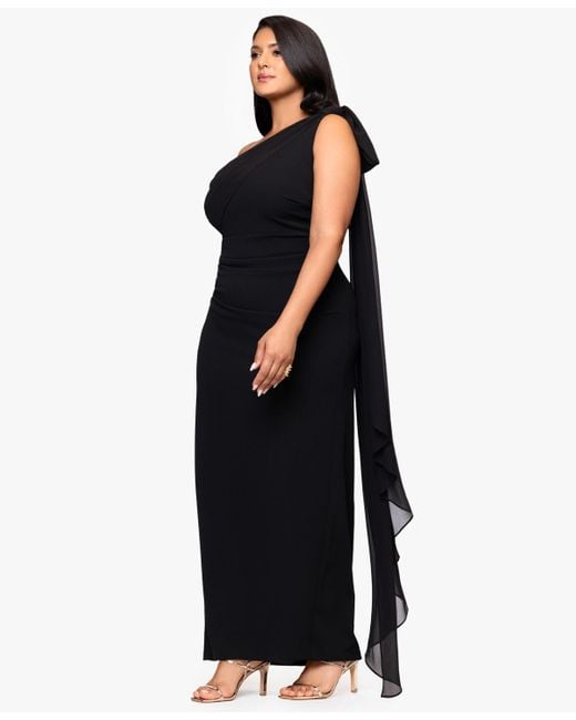 Xscape Blue Plus-size One-shoulder Sash Gown