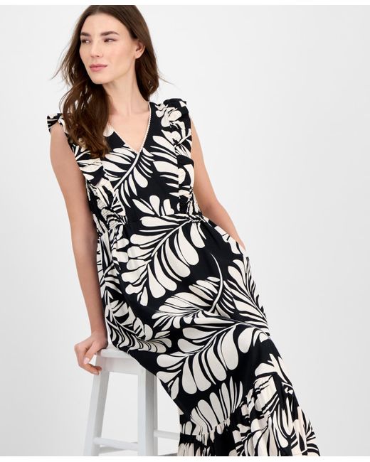 Anne Klein White Printed Sleeveless V-neck Midi Dress