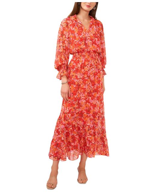Vince Camuto Floral Smocked Waist Tie Neck Tiered Maxi Dress
