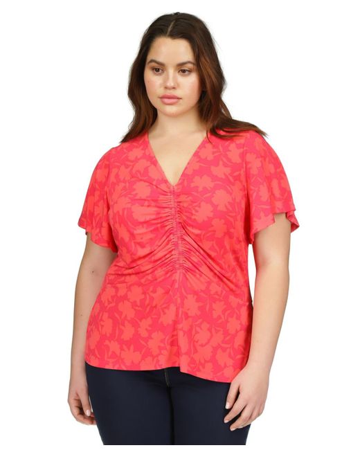 Michael Kors Red Michael Plus Size Ruched Flutter-sleeve Top