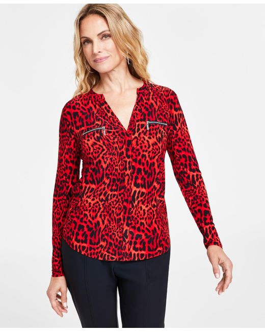 INC International Concepts Red Printed Zip-pocket Top, Created For Macy's