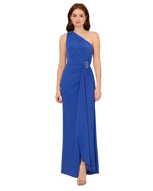 Adrianna Papell Blue Draped One-shoulder Jersey Gown