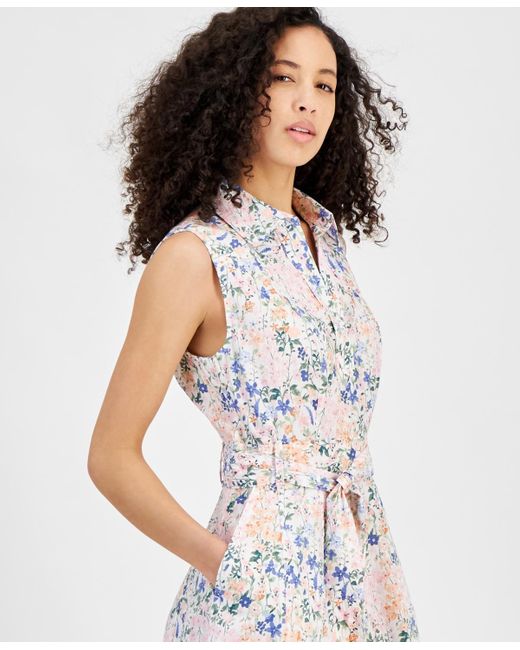 Tommy Hilfiger White Floral Print Cotton Belted Sleeveless Shirtdress