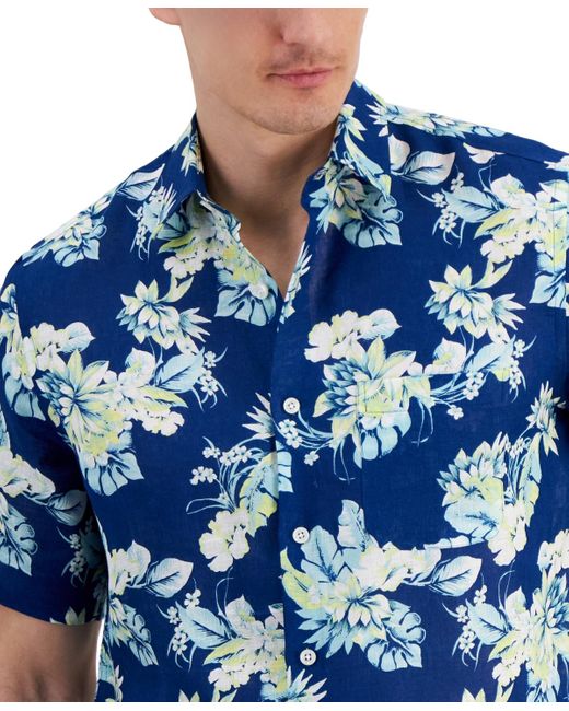 Club Room Blue Noche Floral-print Short-sleeve Linen Shirt for men