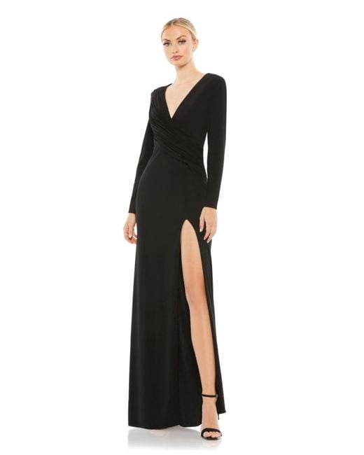 Mac Duggal Black Ieena Jersey Long Sleeve Asymmetrical Ruched Gown