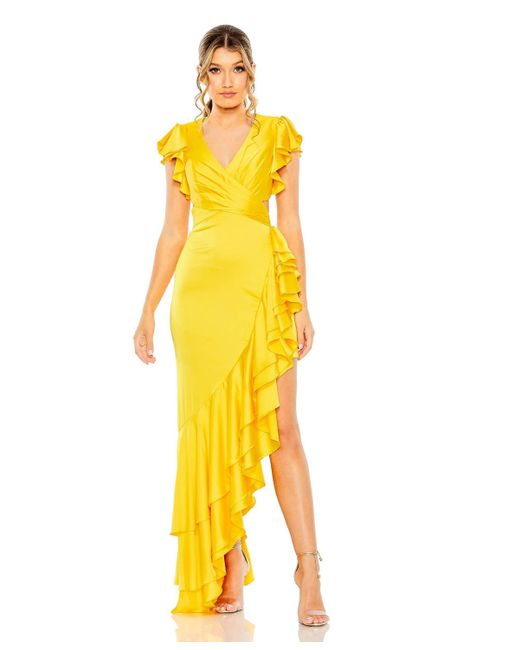 Mac Duggal Yellow Ieena Flutter Sleeve Cut Out Asymmetrical Ruffled Gown