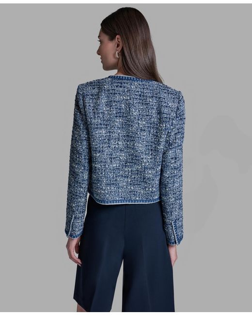 BCBGMAXAZRIA Blue Shoulder Padding Open Front Tweed Jacket