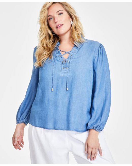 INC International Concepts Blue Plus Size Lace-up Blouson-sleeve Top